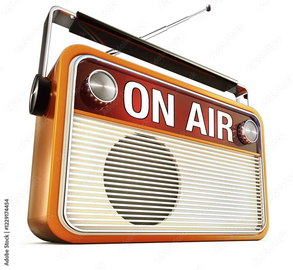 Poster 3d rendering of a radio with a on air icon