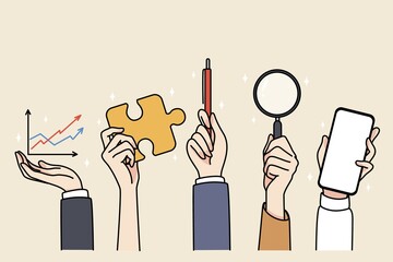 Hands of people holding various work tools and equipment. Businesspeople use stationery for job, phone, magnifier and pen. Office and job supplies. Flat illustration