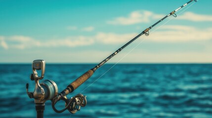 Sea fishing gear displayed with a vast ocean backdrop. Featuring a fishing rod, reel, and bait. Highlighting the serenity and excitement of sea fishing. Ideal for fishing enthusiasts and travel blogs.