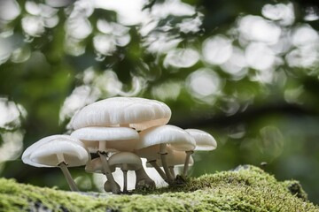 Porcelain fungi (Oudemansiella mucida) on moss-covered deadwood, Hesse, Germany, Europe