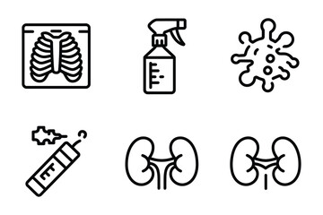 Medical and Healthcare Line Icons – X-ray, Nasal Spray, Bacteria, Asthma Inhaler, Bone Fracture, Kidneys