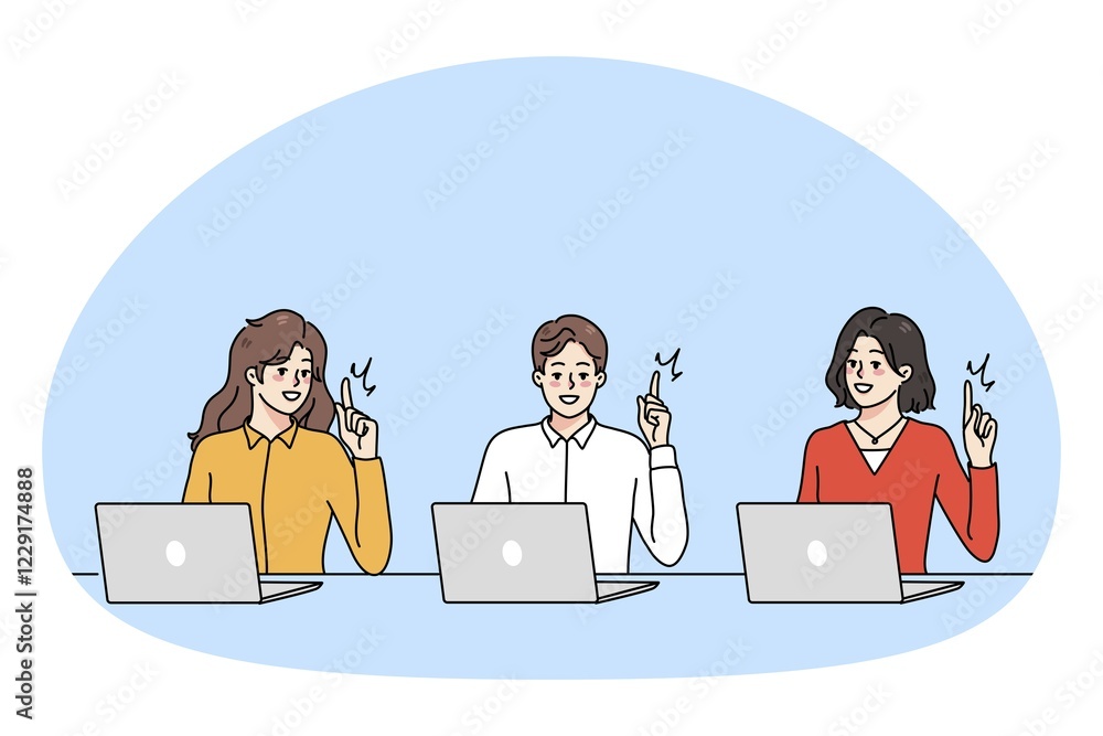 Aufkleber smiling diverse people working on computer online brainstorm generate creative idea. happy men and w