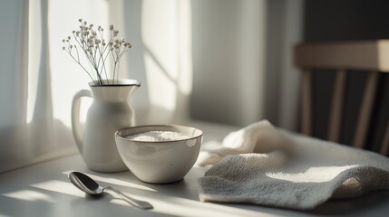 Fototapeta premium Vintage kitchen counter with bowls and fresh flowers