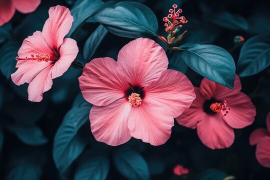 Fototapeta Pink Hibiscus Blossoms Amongst Lush Green Foliage