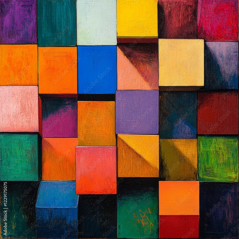 Poster this vibrant abstract art features a composition of colorful geometric blocks casting intriguing sha