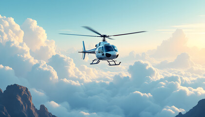 Helicopter Soaring Above Cloudscape Scenic Mountain View