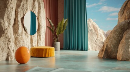 Modern interior with a blue wall and orange accents