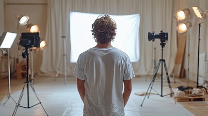 A young man stands in a studio with professional lighting equipment.  He is wearing a white t-shirt and has his back to the camera.