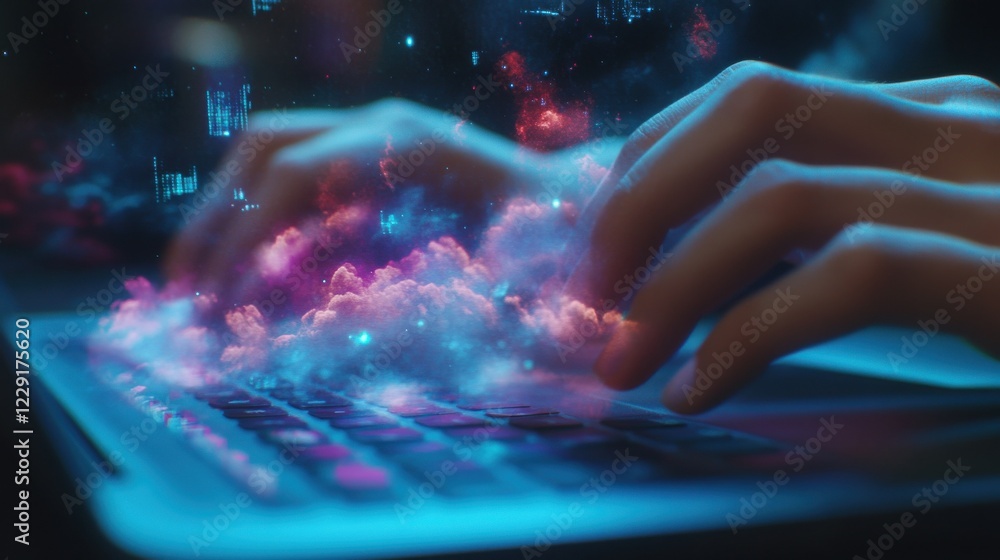 Poster close up of hands using laptop with abstract glowing cloud hologram screen on blurry background. dat