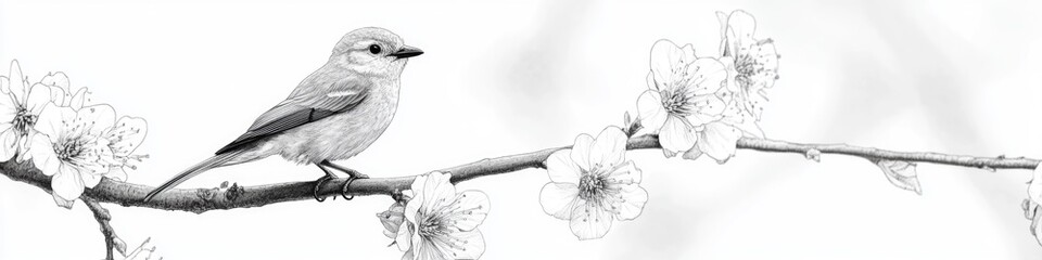 A black and white photograph of a bird sitting on a branch, great for use in illustrations or designs