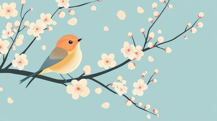 Charming Bird Perched on Branch with Blossoming Flowers and Petals