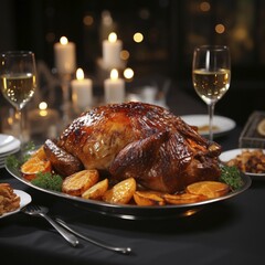 Crispy Christmas goose in a rustic setting on a table, AI generated