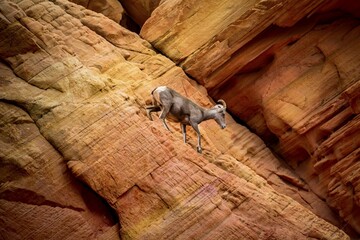 Desert bighorn sheep (Ovis canadensis nelsoni) climbs on red sandstone rocks, Rainbow Vista, Valley of Fire State Park, Nevada, USA, North America