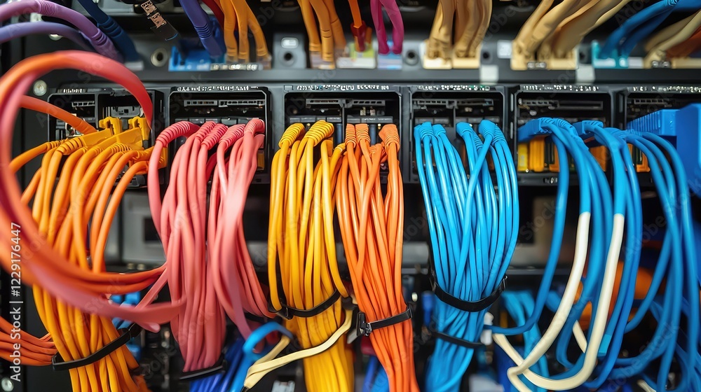 Poster colorful cables connected to network switch in it data center setup