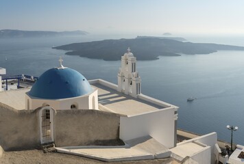 Blue dome and bell-tower of Firostefani Church, Santorini, Greece, Europe