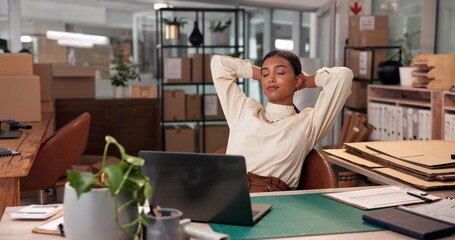 Business woman, stretching and relax for freedom, finish and complete logistics work on laptop....