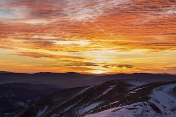 Winter sunset from Mount Nerone, Monte Nerone, Apennines, Marche, Italy, Europe