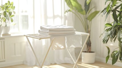 Freshly Folded Towels on Drying Rack in Bright Sunlit Room