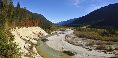 View over Isar river and valley, Karwendel nature reserve, Bavaria, Germany, Europe