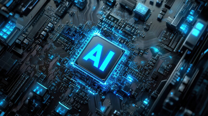 Fototapeta premium glowing blue AI logo on circuit board, symbolizing technology and innovation. intricate design showcases modern electronics and artificial intelligence