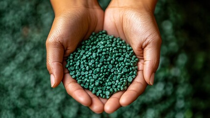 Hands gently holding a handful of green biodegradable plastic pellets, highlighting eco-friendly alternatives to traditional plastics for a sustainable future.