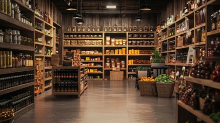 Vintage grocery store shelves with jars and products