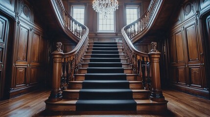 Obraz premium Grand wooden staircase in historic mansion. Interior design, luxury home, elegant background