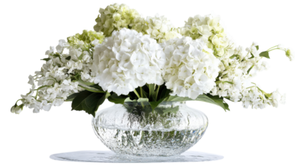 Beautiful white hydrangeas and delicate flowers in an elegant round glass vase on a simple table setting