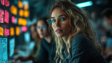 Creative brainstorming session with focused business professionals collaborating in modern workspace. atmosphere is dynamic and engaging, showcasing teamwork and innovation