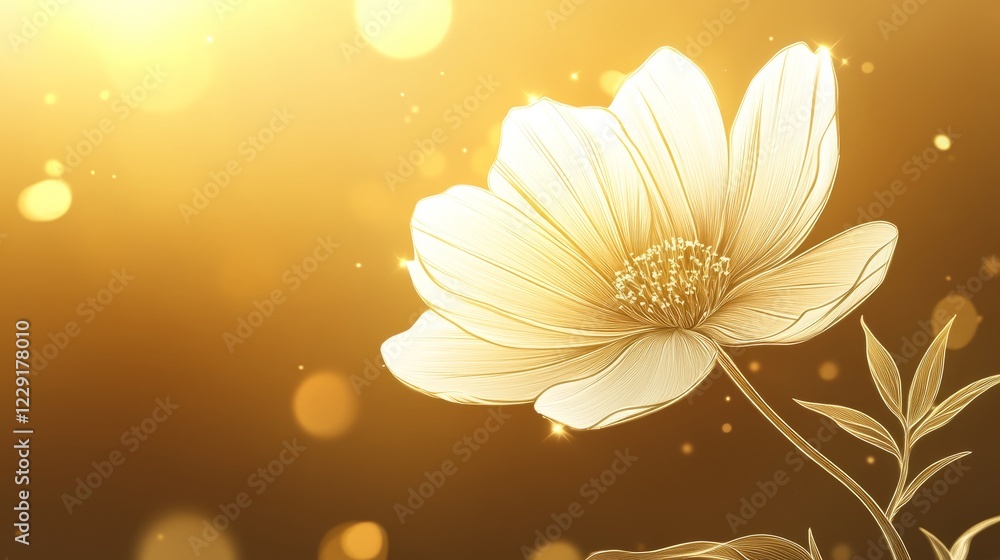 Poster a delicate golden flower illuminated by warm sunlight, surrounded by a sparkling bokeh background, c