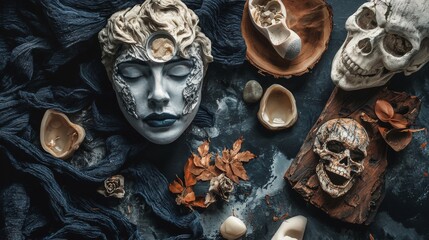 Stone and skull decor on a dark surface