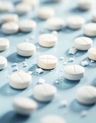 Scattered White Tablets on a Light Blue Surface Showing Medicine Health and Care