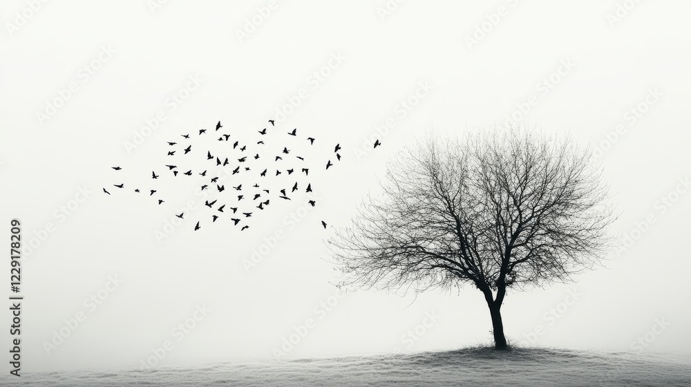 Poster a lone tree stands in a foggy field as a flock of birds flies by, creating a peaceful and minimalist