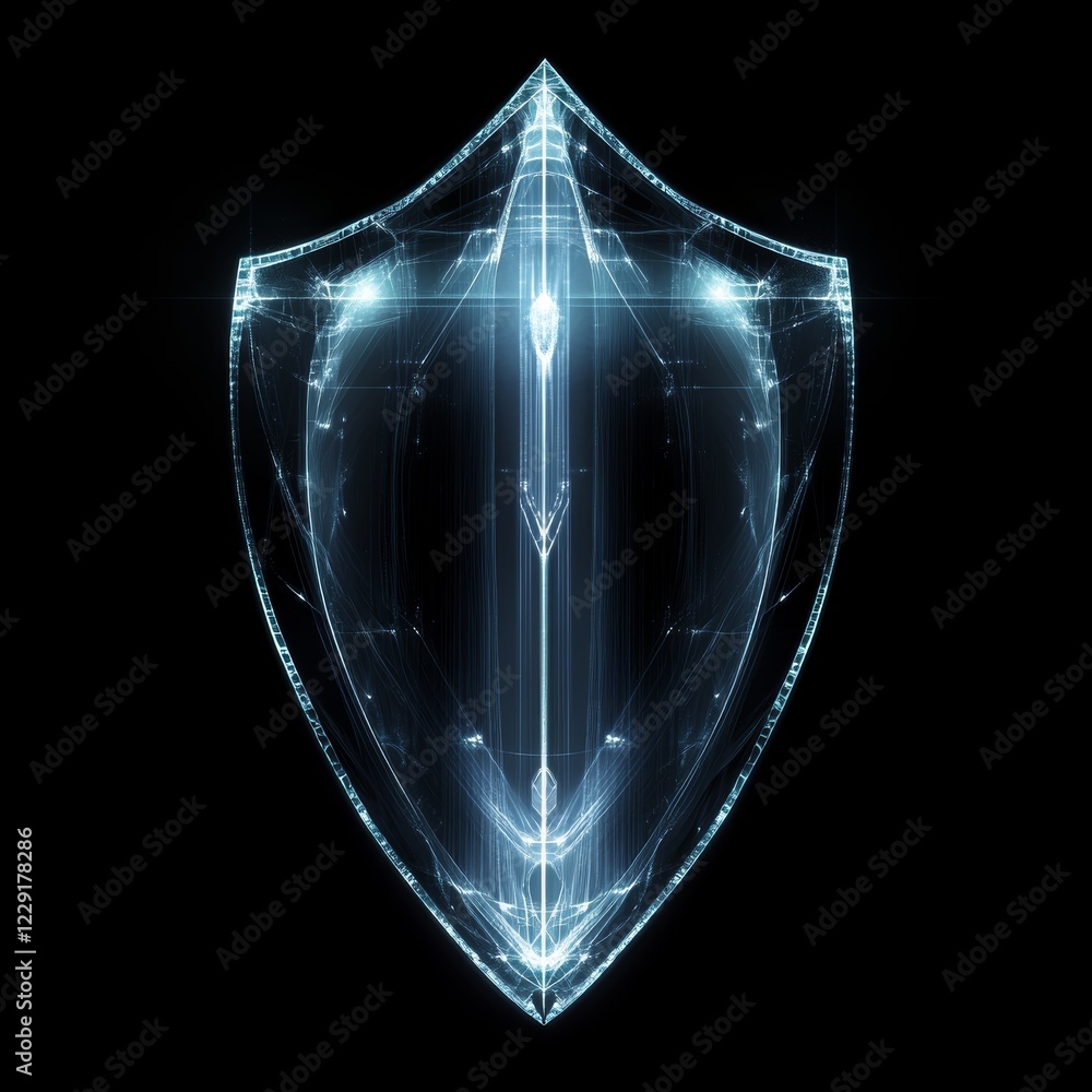 Poster a blue shield with a cross on it. the shield is made of glass and is illuminated. the shield is surr