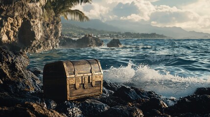 Fototapeta premium Treasure Chest on Rocky Shore with Ocean Waves and Scenic Mountains