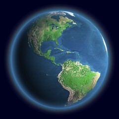 3D Illustration of The Earth North America South America continents of terrestrial globe Isolated on dark blue background
