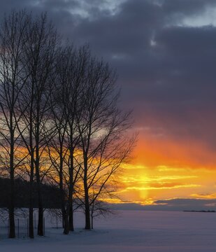 Snowy field at sunset in Bocksdorf, Hainichen, Saxony, Germany, Europe