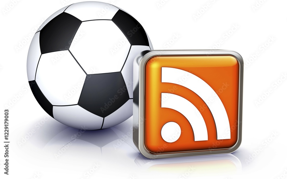 Poster high resolution rendering of a football behind a rss icon