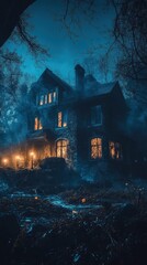 Fototapeta premium Eerie Haunted House at Night with Glowing Lights and Foggy Atmosphere