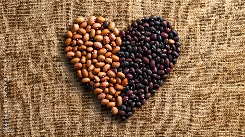 Poster heart shape made from assorted beans on rustic fabric background