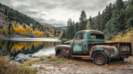 Vintage car on a rural road surrounded by nature