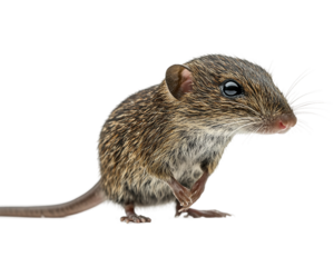Small brown and white mouse is standing on transparent background