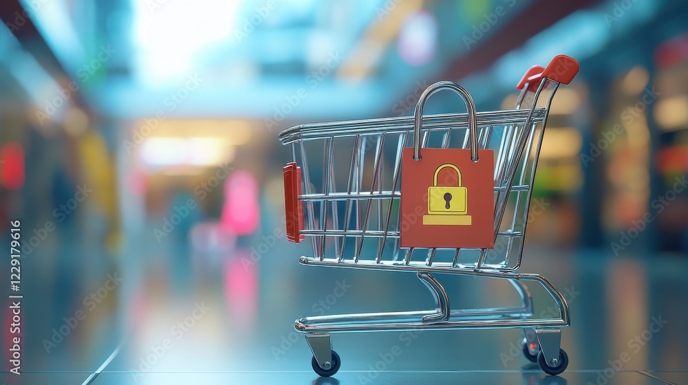 Poster a shopping cart with a security padlock symbolizing safe online transactions.