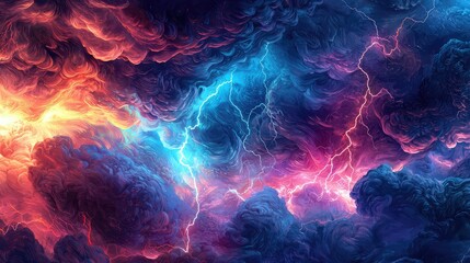 Obraz premium Dramatic Colorful Clouds with Lightning Strikes in Night Sky