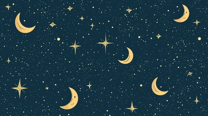 Naklejka premium Whimsical Moon and Star Pattern Against Dark Blue Night Sky