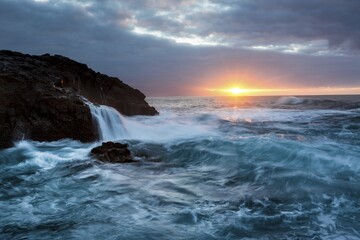 Surf, rocky coast with foaming waves at sunset, Puerto de la Madera, Tacoronte, Tenerife, Canary Islands, Spain, Europe