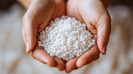 Close-up of hands holding a heap of white biodegradable plastic pellets, symbolizing eco-friendly materials and sustainable innovation for the future.
