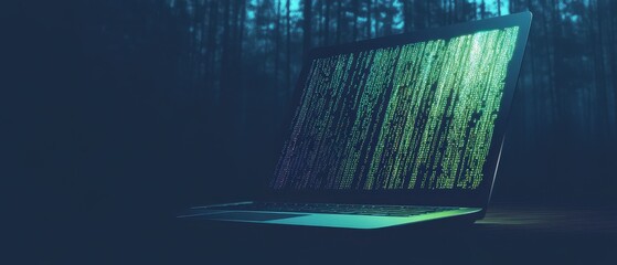 Digital Laptop Display with Green Code on Screen in Dark Forest