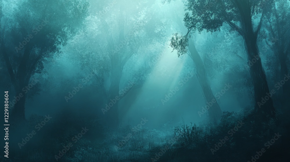 Poster a tranquil misty forest scene featuring soft light filtering through trees, creating a serene and en
