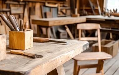 Cozy woodworking shop with tools on a table, wooden chairs, and a rustic atmosphere in the background